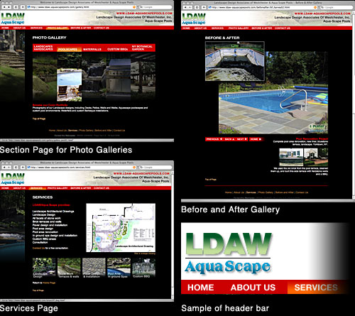 Landscape Design of Westchester - Aquascape pools. Sample pages of website designed by FRS.